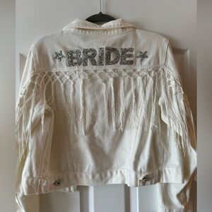 White & Silver Fringe “Bride” Denim Jacket - size s/m (fits like M)